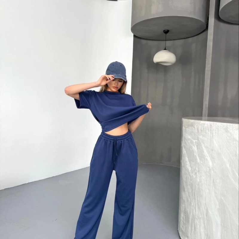 Osy Modal Yumuşak Dokulu Kumaş Kısa Kollu Bluz Rahat Pantalon ikili Takım- Lacivert -