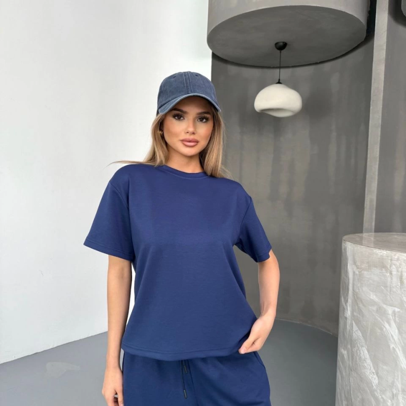 Osy Modal Yumuşak Dokulu Kumaş Kısa Kollu Bluz Rahat Pantalon ikili Takım- Lacivert -