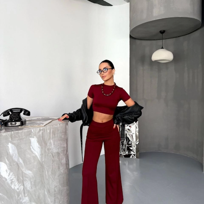 Osy Modal Yumuşak Dokulu Kumaş Kısa Kollu Crop Alt ispanyol Paça Pantalon ikili Takım - Bordo -