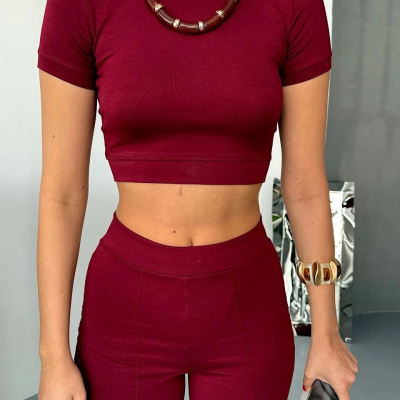Osy Modal Yumuşak Dokulu Kumaş Kısa Kollu Crop Alt ispanyol Paça Pantalon ikili Takım - Bordo -