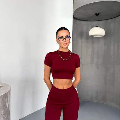 Osy Modal Yumuşak Dokulu Kumaş Kısa Kollu Crop Alt ispanyol Paça Pantalon ikili Takım - Bordo -