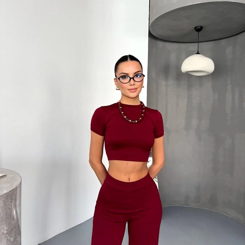 Osy Modal Yumuşak Dokulu Kumaş Kısa Kollu Crop Alt ispanyol Paça Pantalon ikili Takım - Bordo -