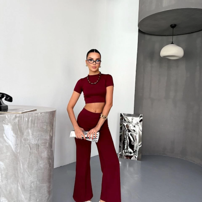 Osy Modal Yumuşak Dokulu Kumaş Kısa Kollu Crop Alt ispanyol Paça Pantalon ikili Takım - Bordo -