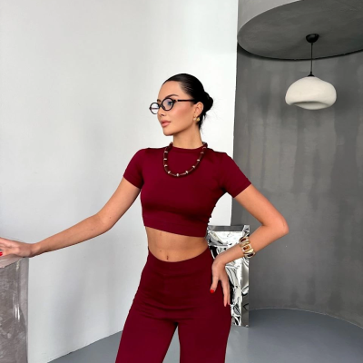 Osy Modal Yumuşak Dokulu Kumaş Kısa Kollu Crop Alt ispanyol Paça Pantalon ikili Takım - Bordo -