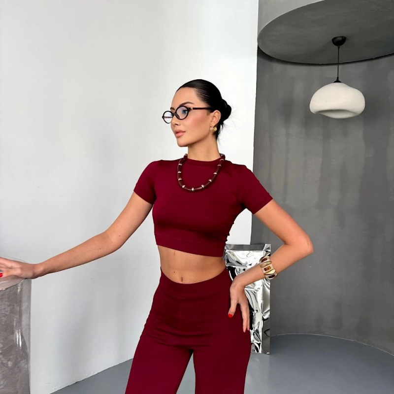 Osy Modal Yumuşak Dokulu Kumaş Kısa Kollu Crop Alt ispanyol Paça Pantalon ikili Takım - Bordo -