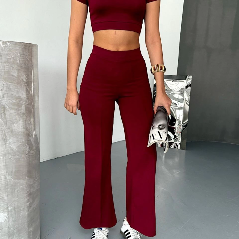 Osy Modal Yumuşak Dokulu Kumaş Kısa Kollu Crop Alt ispanyol Paça Pantalon ikili Takım - Bordo -