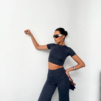 Osy Modal Yumuşak Dokulu Kumaş Kısa Kollu Crop Alt ispanyol Paça Pantalon ikili Takım - Füme -