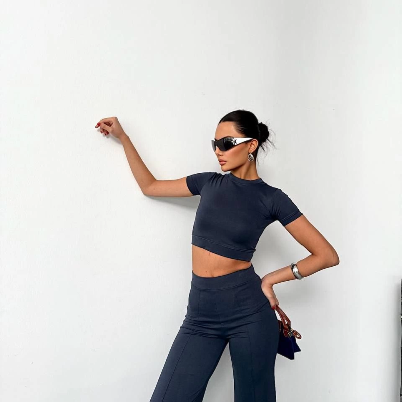 Osy Modal Yumuşak Dokulu Kumaş Kısa Kollu Crop Alt ispanyol Paça Pantalon ikili Takım - Füme -