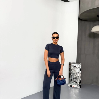 Osy Modal Yumuşak Dokulu Kumaş Kısa Kollu Crop Alt ispanyol Paça Pantalon ikili Takım - Füme -