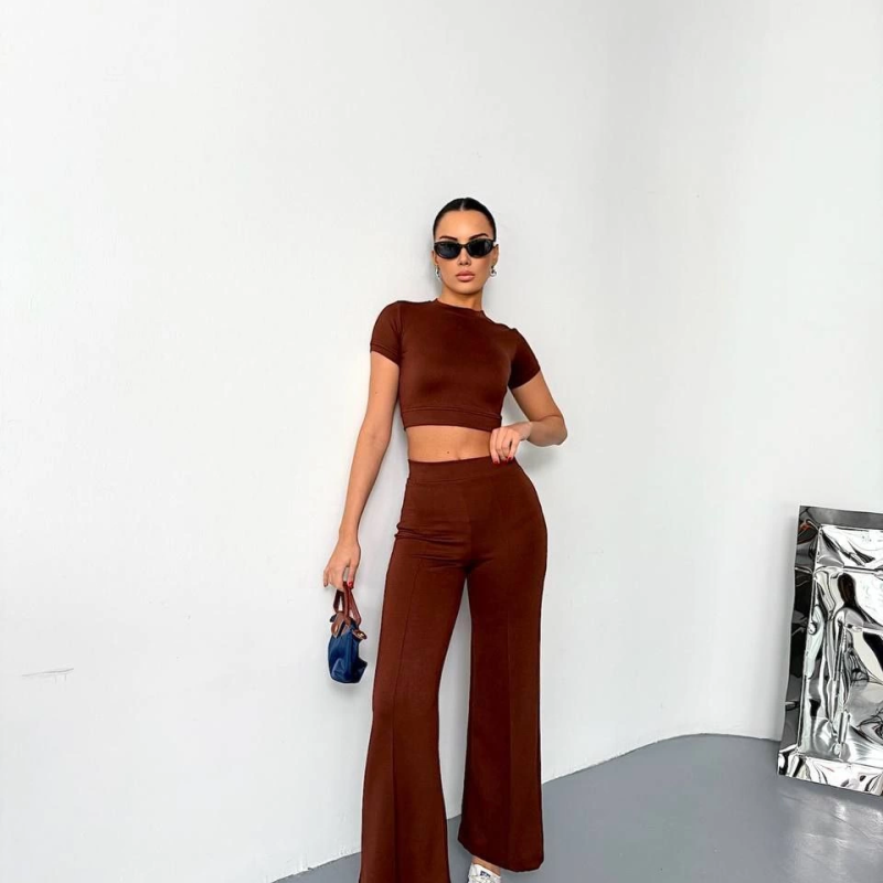 Osy Modal Yumuşak Dokulu Kumaş Kısa Kollu Crop Alt ispanyol Paça Pantalon ikili Takım - Kahverengi -