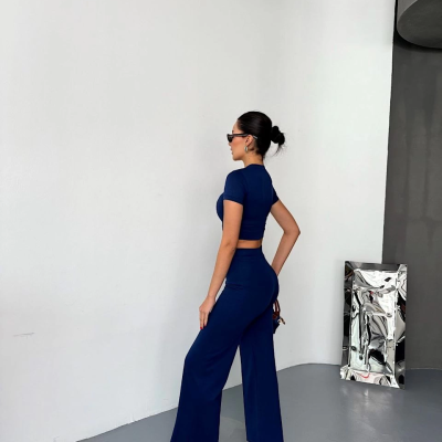 Osy Modal Yumuşak Dokulu Kumaş Kısa Kollu Crop Alt ispanyol Paça Pantalon ikili Takım - Lacivert -