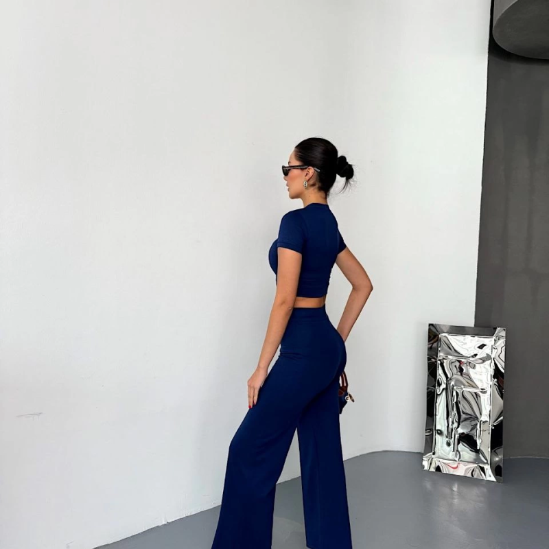 Osy Modal Yumuşak Dokulu Kumaş Kısa Kollu Crop Alt ispanyol Paça Pantalon ikili Takım - Lacivert -