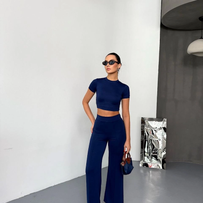 Osy Modal Yumuşak Dokulu Kumaş Kısa Kollu Crop Alt ispanyol Paça Pantalon ikili Takım - Lacivert -