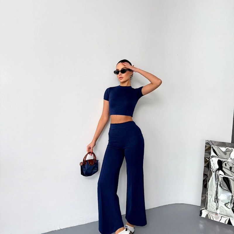 Osy Modal Yumuşak Dokulu Kumaş Kısa Kollu Crop Alt ispanyol Paça Pantalon ikili Takım - Lacivert -