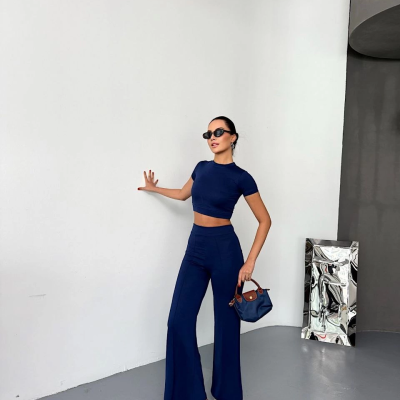 Osy Modal Yumuşak Dokulu Kumaş Kısa Kollu Crop Alt ispanyol Paça Pantalon ikili Takım - Lacivert -