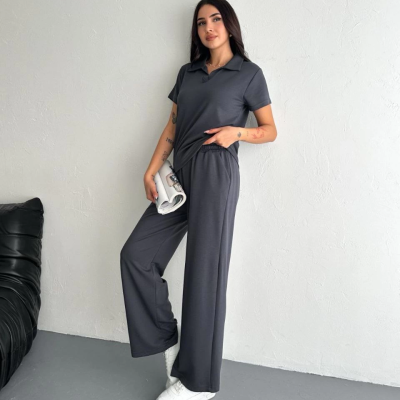 Osy Modal Yumuşak Dokulu Kumaş Kısa Kollu Yakalı T-shirt Pantalon ikili Takım- Antrasit -