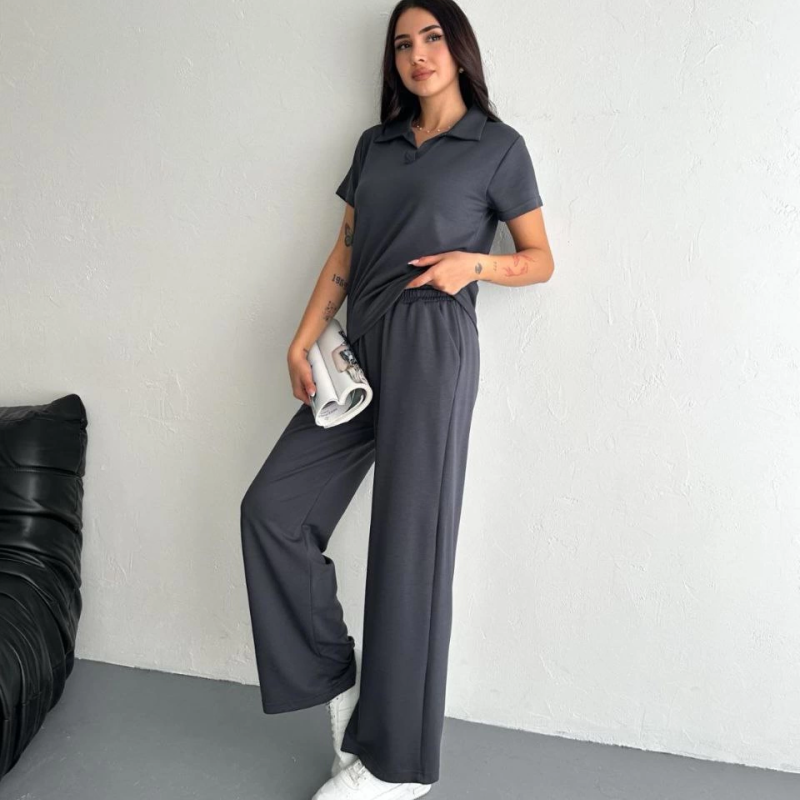 Osy Modal Yumuşak Dokulu Kumaş Kısa Kollu Yakalı T-shirt Pantalon ikili Takım- Antrasit -