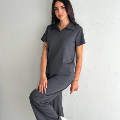 Osy Modal Yumuşak Dokulu Kumaş Kısa Kollu Yakalı T-shirt Pantalon ikili Takım- Antrasit -
