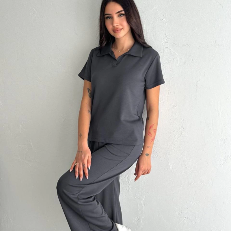 Osy Modal Yumuşak Dokulu Kumaş Kısa Kollu Yakalı T-shirt Pantalon ikili Takım- Antrasit -