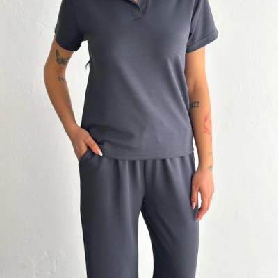 Osy Modal Yumuşak Dokulu Kumaş Kısa Kollu Yakalı T-shirt Pantalon ikili Takım- Antrasit -