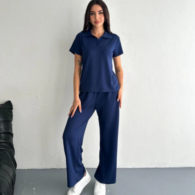 Osy Modal Yumuşak Dokulu Kumaş Kısa Kollu Yakalı T-shirt Pantalon ikili Takım- Lacivert -