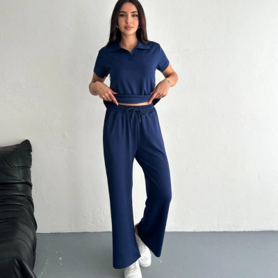 Osy Modal Yumuşak Dokulu Kumaş Kısa Kollu Yakalı T-shirt Pantalon ikili Takım- Lacivert -