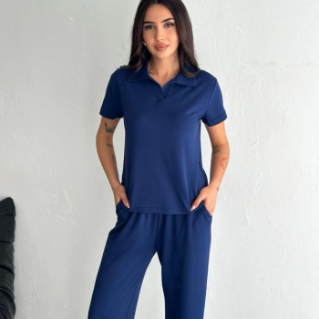 Osy Modal Yumuşak Dokulu Kumaş Kısa Kollu Yakalı T-shirt Pantalon ikili Takım- Lacivert -