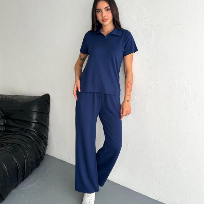 Osy Modal Yumuşak Dokulu Kumaş Kısa Kollu Yakalı T-shirt Pantalon ikili Takım- Lacivert -