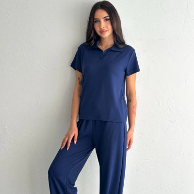 Osy Modal Yumuşak Dokulu Kumaş Kısa Kollu Yakalı T-shirt Pantalon ikili Takım- Lacivert -