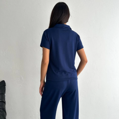 Osy Modal Yumuşak Dokulu Kumaş Kısa Kollu Yakalı T-shirt Pantalon ikili Takım- Lacivert -