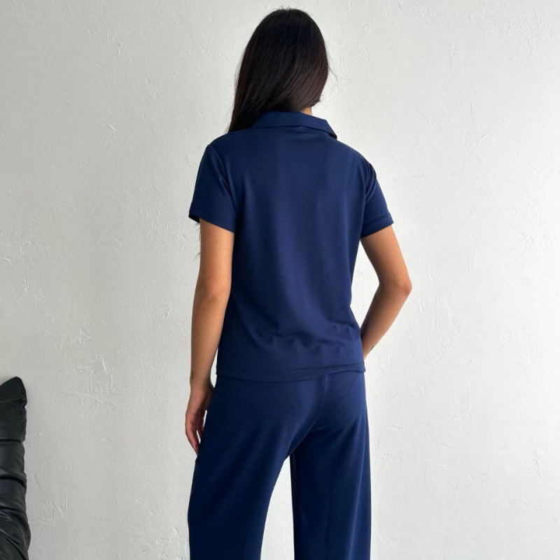 Osy Modal Yumuşak Dokulu Kumaş Kısa Kollu Yakalı T-shirt Pantalon ikili Takım- Lacivert -