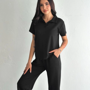 Osy Modal Yumuşak Dokulu Kumaş Kısa Kollu Yakalı T-shirt Pantalon ikili Takım- Siyah -