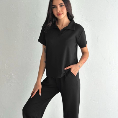 Osy Modal Yumuşak Dokulu Kumaş Kısa Kollu Yakalı T-shirt Pantalon ikili Takım- Siyah -