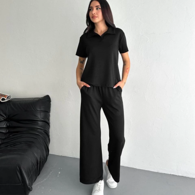 Osy Modal Yumuşak Dokulu Kumaş Kısa Kollu Yakalı T-shirt Pantalon ikili Takım- Siyah -