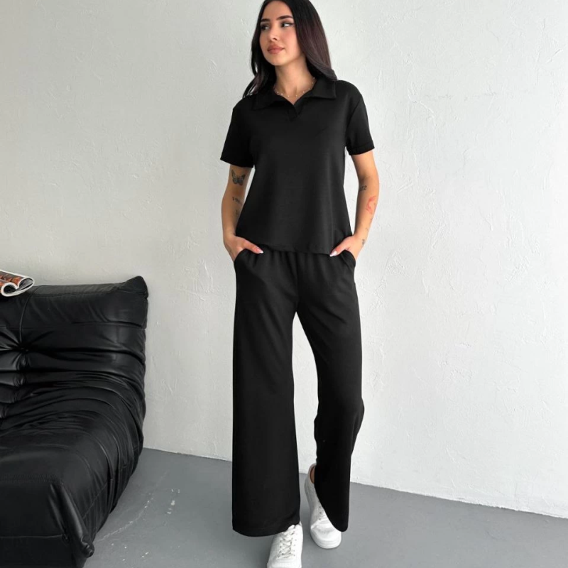Osy Modal Yumuşak Dokulu Kumaş Kısa Kollu Yakalı T-shirt Pantalon ikili Takım- Siyah -