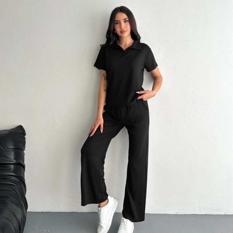 Osy Modal Yumuşak Dokulu Kumaş Kısa Kollu Yakalı T-shirt Pantalon ikili Takım- Siyah -