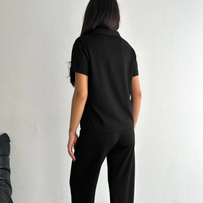 Osy Modal Yumuşak Dokulu Kumaş Kısa Kollu Yakalı T-shirt Pantalon ikili Takım- Siyah -