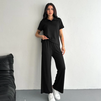 Osy Modal Yumuşak Dokulu Kumaş Kısa Kollu Yakalı T-shirt Pantalon ikili Takım- Siyah -