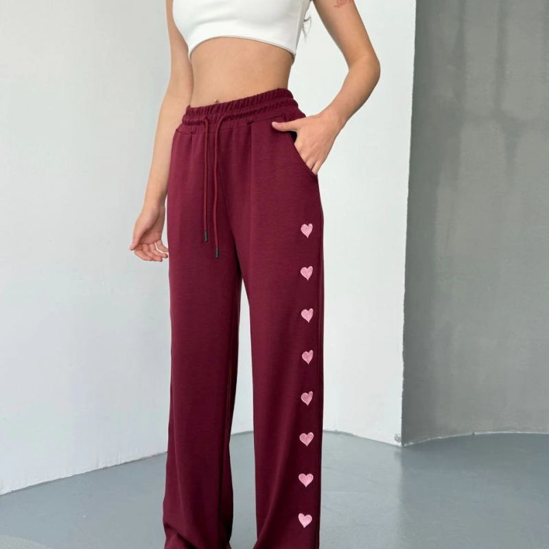 Osy Modal Yumuşak Dokulu Kumaş Nakış işlemeli Rahat Bol Paça Eşofman Pantalon - Bordo -