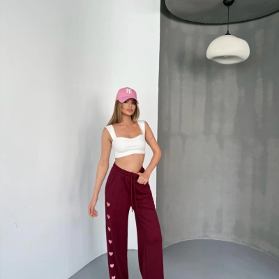 Osy Modal Yumuşak Dokulu Kumaş Nakış işlemeli Rahat Bol Paça Eşofman Pantalon - Bordo -