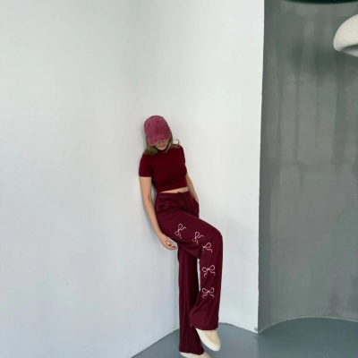 Osy Modal Yumuşak Dokulu Kumaş Nakış işlemeli Rahat Bol Paça Eşofman Pantalon - Bordo -