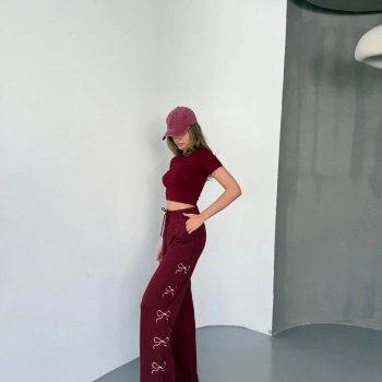 Osy Modal Yumuşak Dokulu Kumaş Nakış işlemeli Rahat Bol Paça Eşofman Pantalon - Bordo -