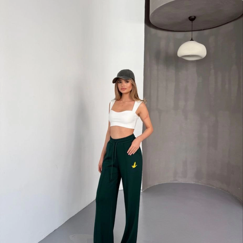 Osy Modal Yumuşak Dokulu Kumaş Nakış işlemeli Rahat Bol Paça Eşofman Pantalon - Yeşil -