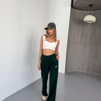 Osy Modal Yumuşak Dokulu Kumaş Nakış işlemeli Rahat Bol Paça Eşofman Pantalon - Yeşil -