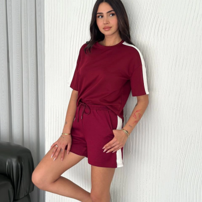 Osy Modal yumuşak dokulu Kumaş   Parçalı Bisiklet Yaka T-shirt Kısa Şort İkili Takım - Bordo -