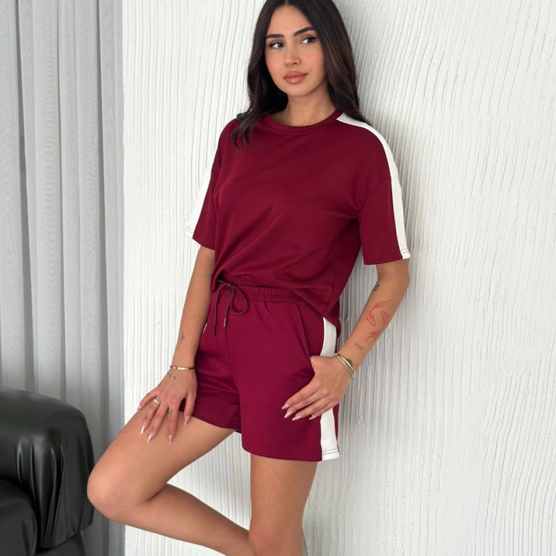 Osy Modal yumuşak dokulu Kumaş   Parçalı Bisiklet Yaka T-shirt Kısa Şort İkili Takım - Bordo -