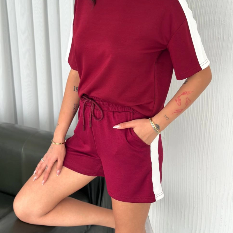 Osy Modal yumuşak dokulu Kumaş   Parçalı Bisiklet Yaka T-shirt Kısa Şort İkili Takım - Bordo -