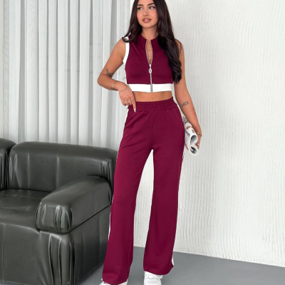 Osy Modal Yumuşak Dokulu Kumaş Tam Fermuarlı Crop Pantalon İkili Takım - Bordo -