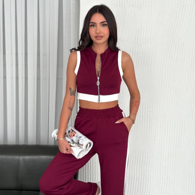 Osy Modal Yumuşak Dokulu Kumaş Tam Fermuarlı Crop Pantalon İkili Takım - Bordo -