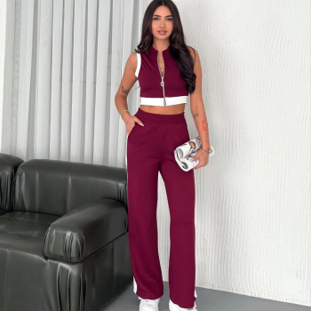 Osy Modal Yumuşak Dokulu Kumaş Tam Fermuarlı Crop Pantalon İkili Takım - Bordo -
